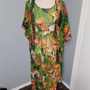 Boohoo Tropical Floral Maxi Dress in Green and Coral